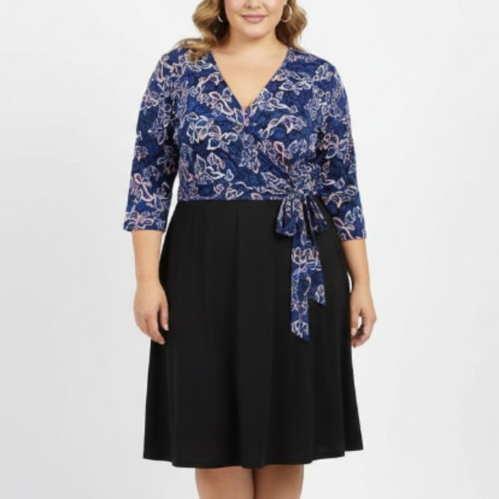 New Leota Blue‎ Black Floral Stretch Wrap Belted Dress size 22 Plus or 3L
